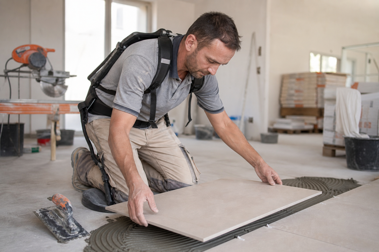 Carreleur équipé d'un exosquelette dorsal posant un carreau de grès cérame sur chape fraîche