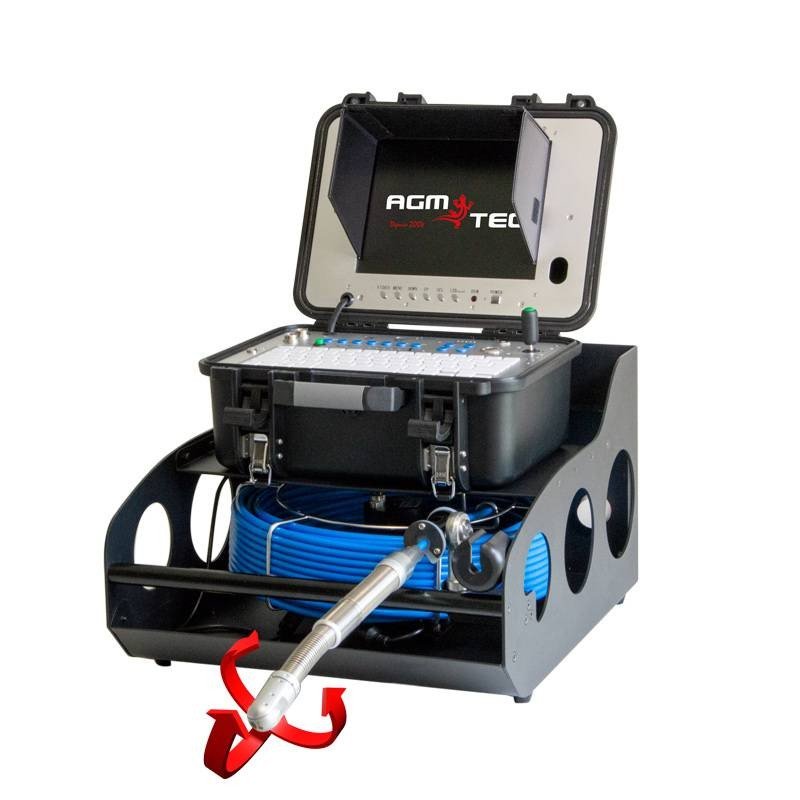 Ensemble caméra de canalisation AGM TEC avec valise moniteur, enrouleur de câble bleu et tête de caméra orientable